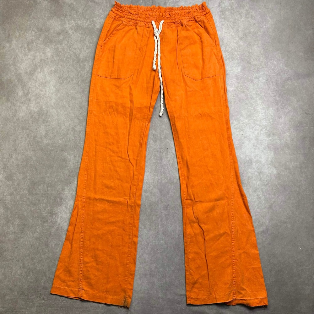 Roxy Women Orange Linen Blend Flare Beach Pants Smocked Waist M flaw*